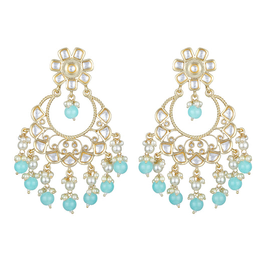 Bdiva 18K Gold Plated Turquiose Chandbali Earrings with Semi Cultured Pearls