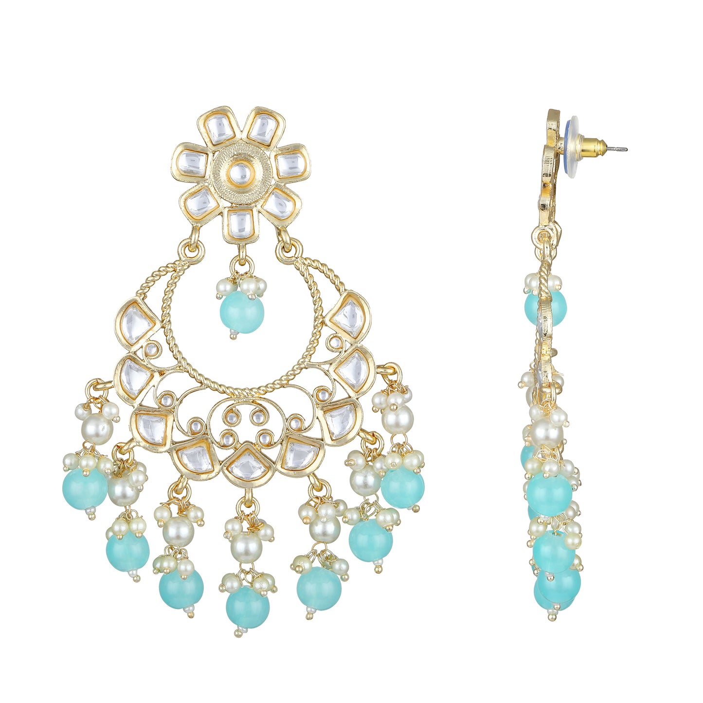 Bdiva 18K Gold Plated Turquiose Chandbali Earrings with Semi Cultured Pearls