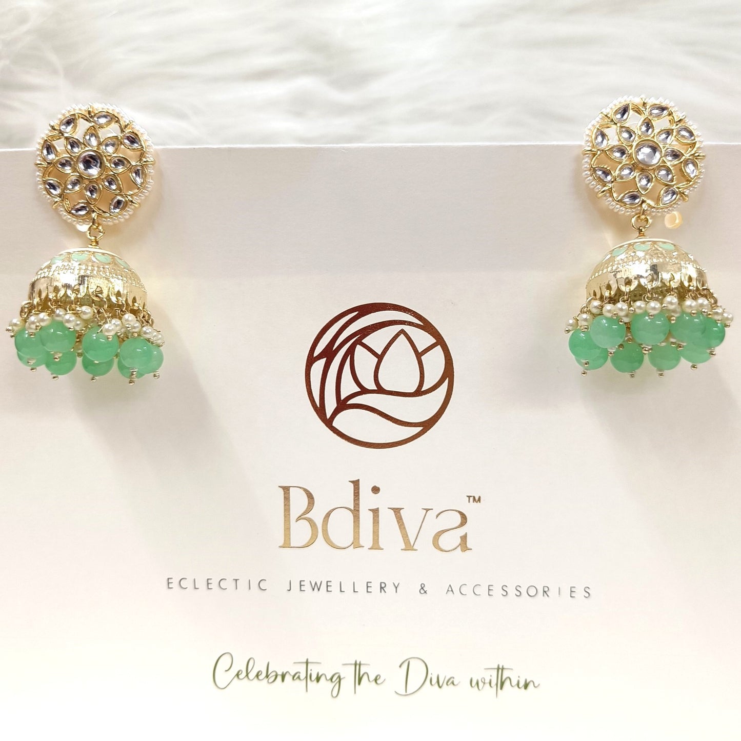 Bdiva 18K Gold Plated Kundan Jhumka Earrings with Sage Green Semi Cultured Pearls