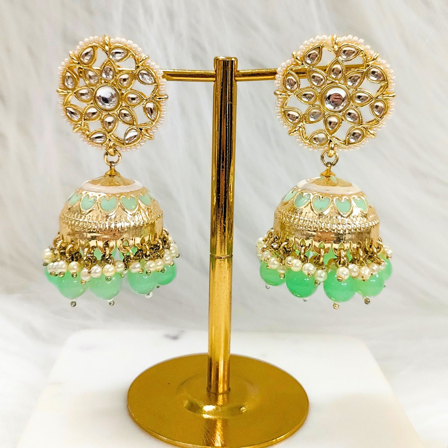 Bdiva 18K Gold Plated Kundan Jhumka Earrings with Sage Green Semi Cultured Pearls