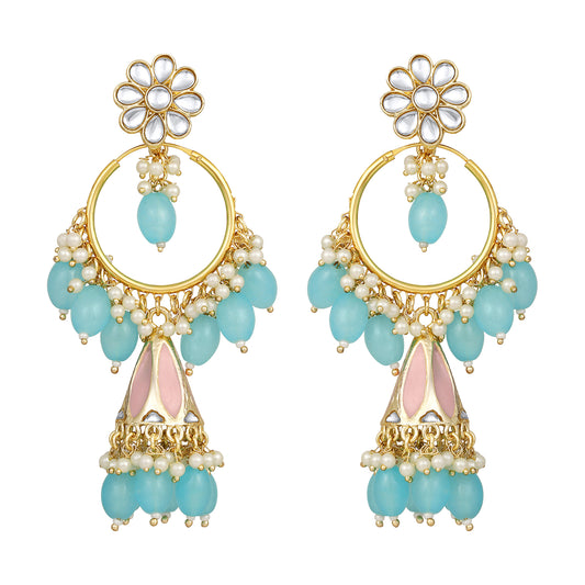 Bdiva 18K Gold Plated Turquoise Chandbali Earrings with Semi Cultured Pearls