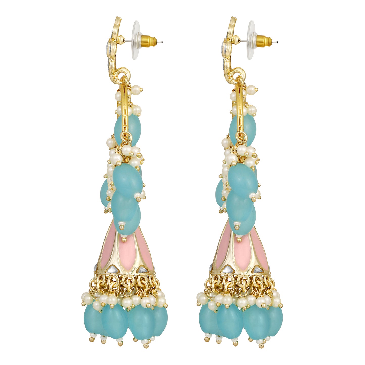 Bdiva 18K Gold Plated Turquoise Chandbali Earrings with Semi Cultured Pearls