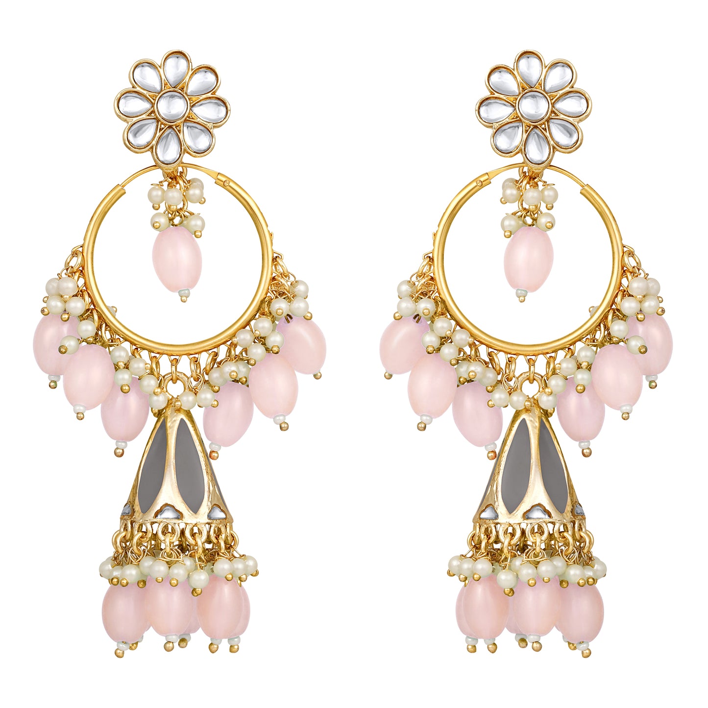 Bdiva 18K Gold Plated Rose Quarts Chandbali Earrings with Semi Cultured Pearls