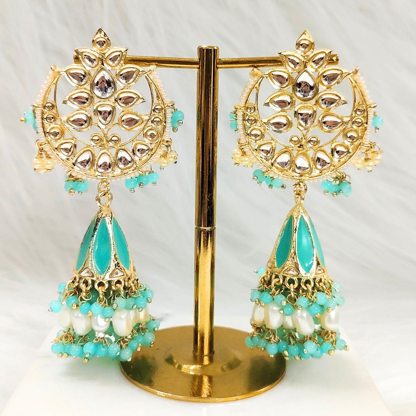 Bdiva 18K Gold Plated Turquoise Chandbali Earrings with Semi Cultured Pearls.