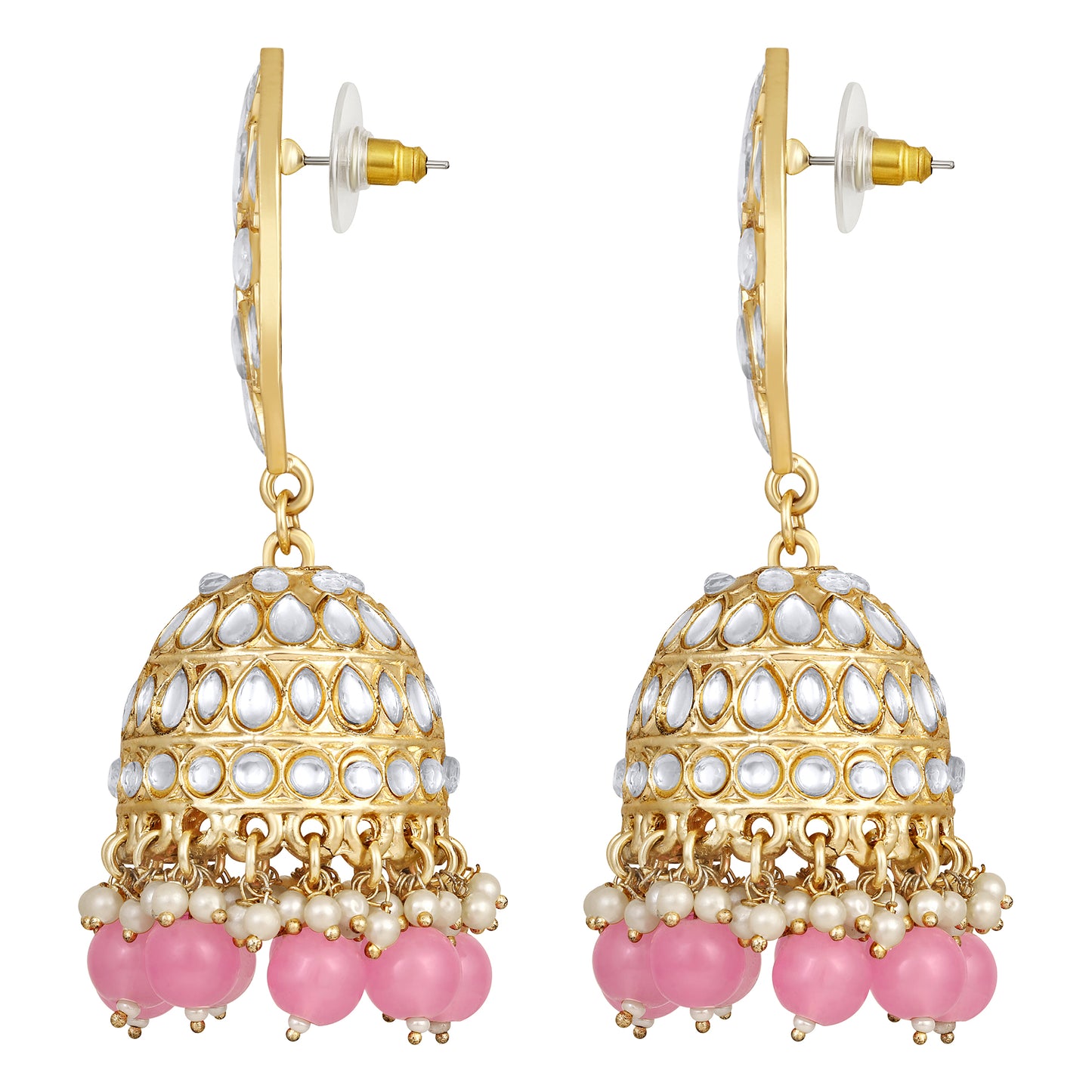 Bdiva 18K Gold Plated Kundan Rose Quarts Jhumka Earrings with Semi Cultured Pearls