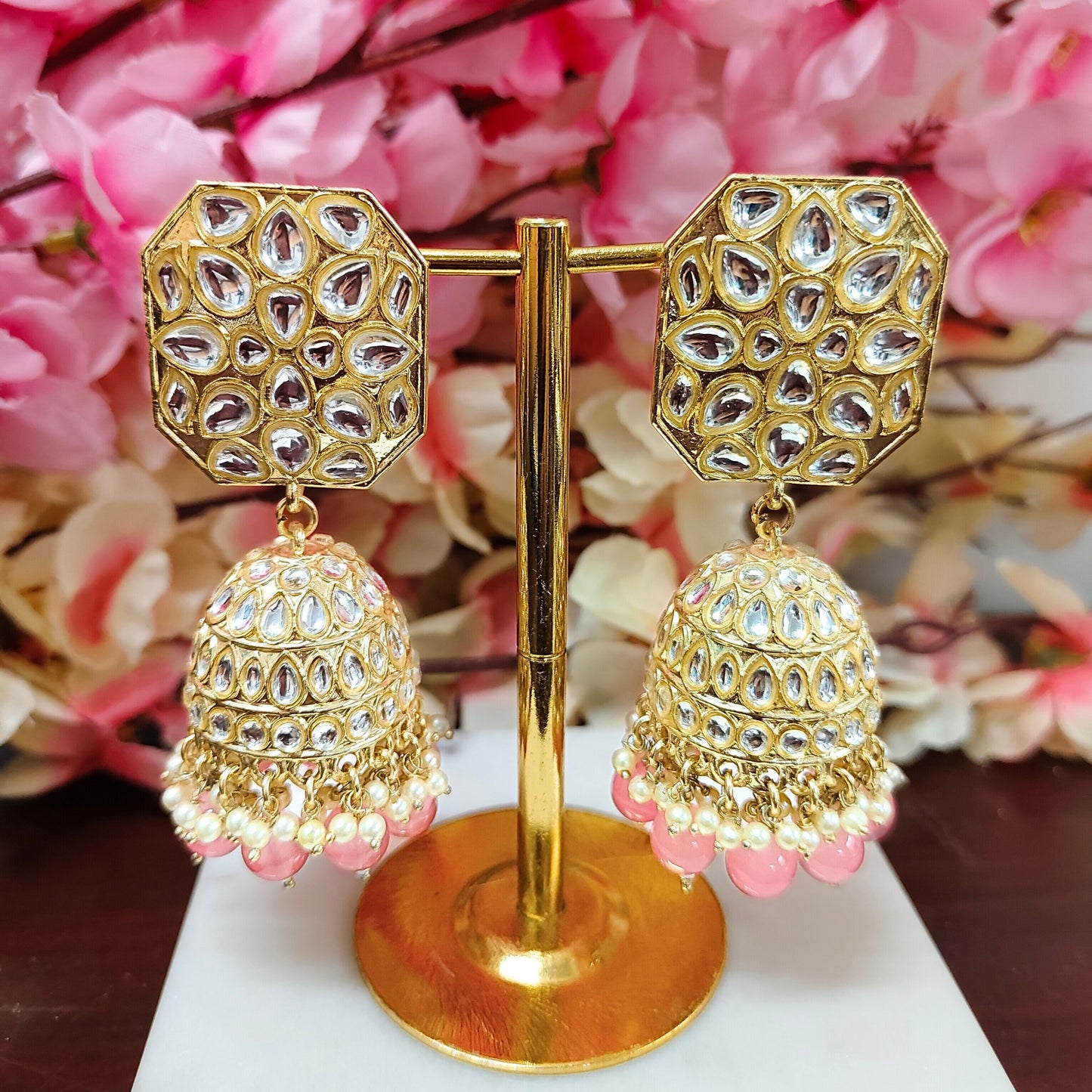 Bdiva 18K Gold Plated Kundan Rose Quarts Jhumka Earrings with Semi Cultured Pearls