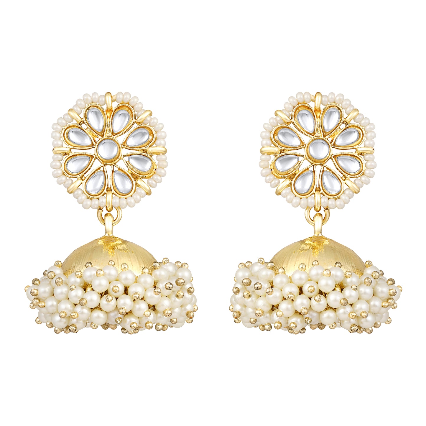 Bdiva 18K Gold Plated Kundan Jhumka Earrings with Semi Cultured Pearls