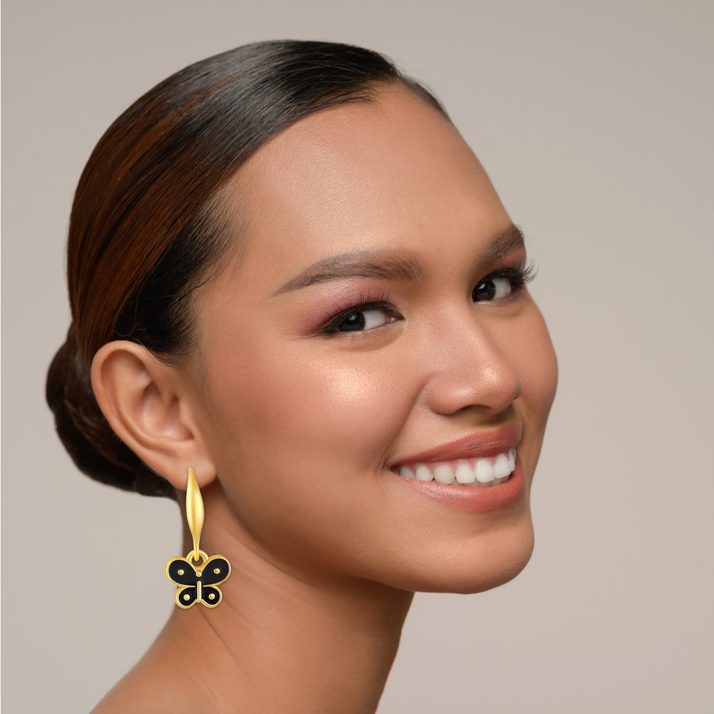 Bdiva Handmade Gold Plated Black Enamel Butterfly Hoop Earrings