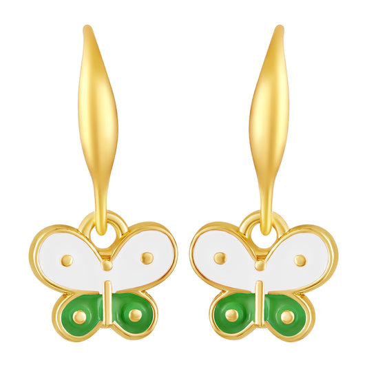 Bdiva 18K Gold-Plated Handmade White and Green Enamel Hoop Butterfly Earrings