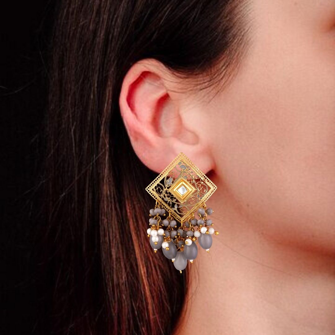 BDiva 18k Gold Plated Royal Square Pearl & Grey Beaded Dangle Earrings with a Fusion of Tradition and Modern Glamour