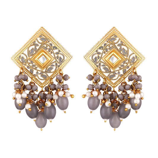 BDiva 18k Gold Plated Royal Square Pearl & Grey Beaded Dangle Earrings with a Fusion of Tradition and Modern Glamour