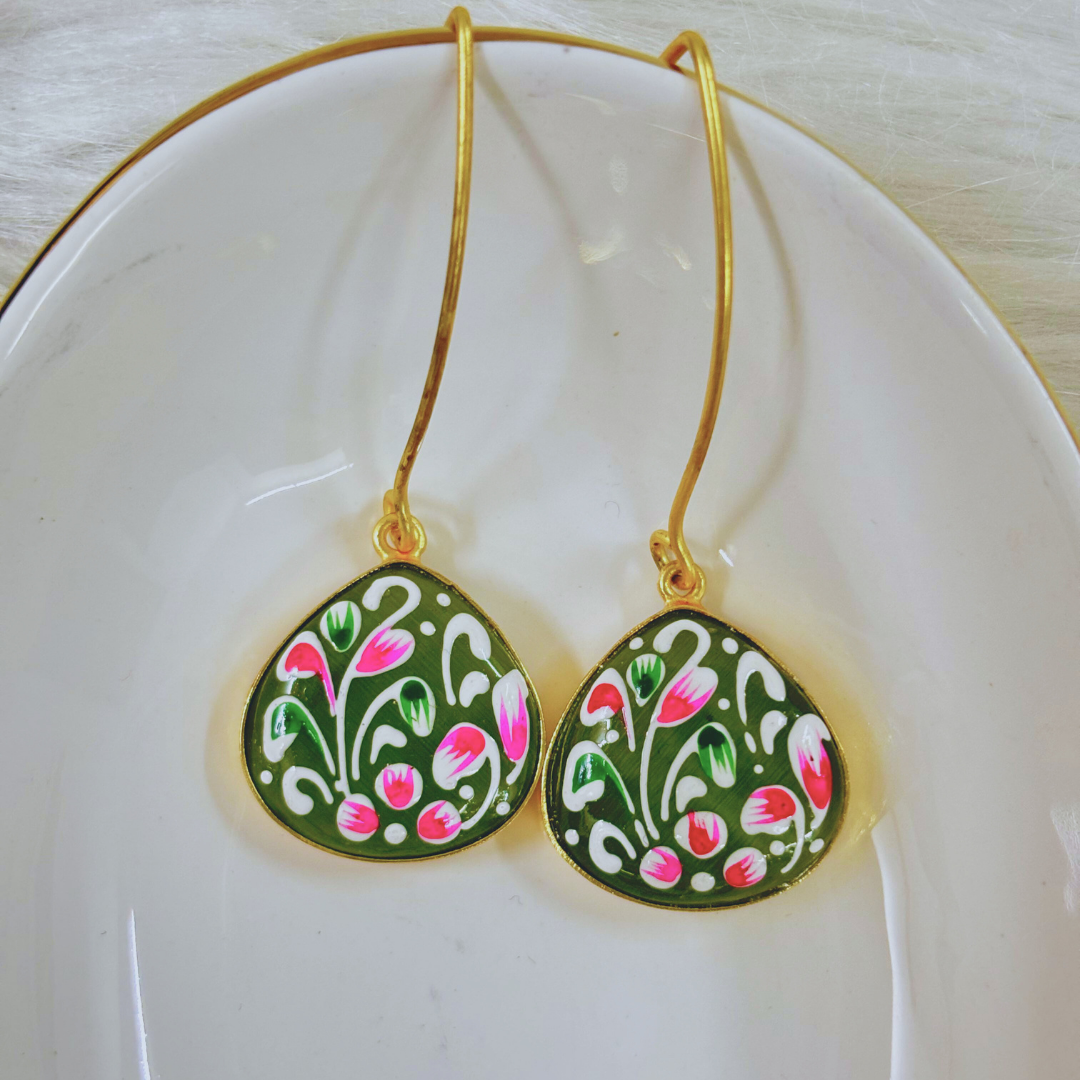 BDiva Vibrant Colors Hand-Painted Floral Drop 18K Gold Plated Earrings