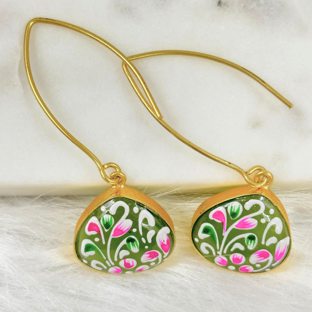 BDiva Vibrant Colors Hand-Painted Floral Drop 18K Gold Plated Earrings