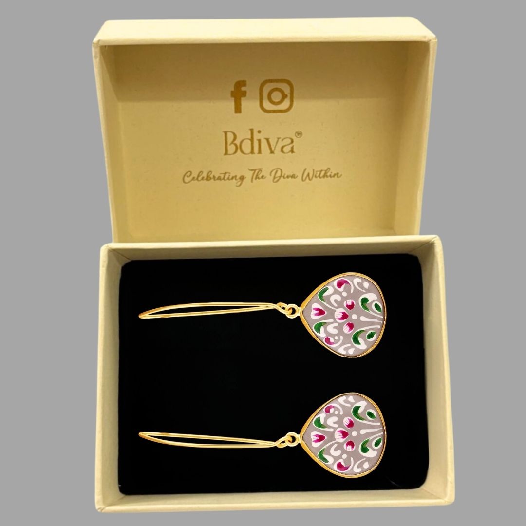 BDiva Artistic Charms Hand-Painted Floral Enamel Drop 18K Gold Plated Earrings