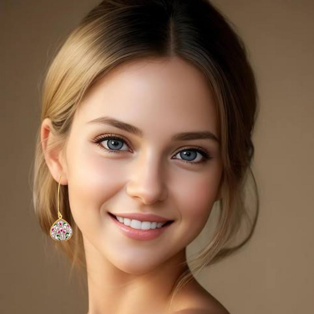 BDiva Artistic Charms Hand-Painted Floral Enamel Drop 18K Gold Plated Earrings