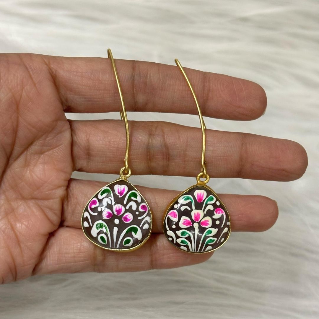 BDiva Artistic Charms Hand-Painted Floral Enamel Drop 18K Gold Plated Earrings