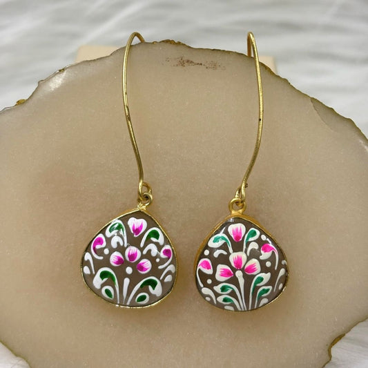 BDiva Artistic Charms Hand-Painted Floral Enamel Drop 18K Gold Plated Earrings