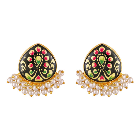 BDiva 18K Gold Plated A Fusion of Tradition Black Enamel and Pearl Cluster Earrings