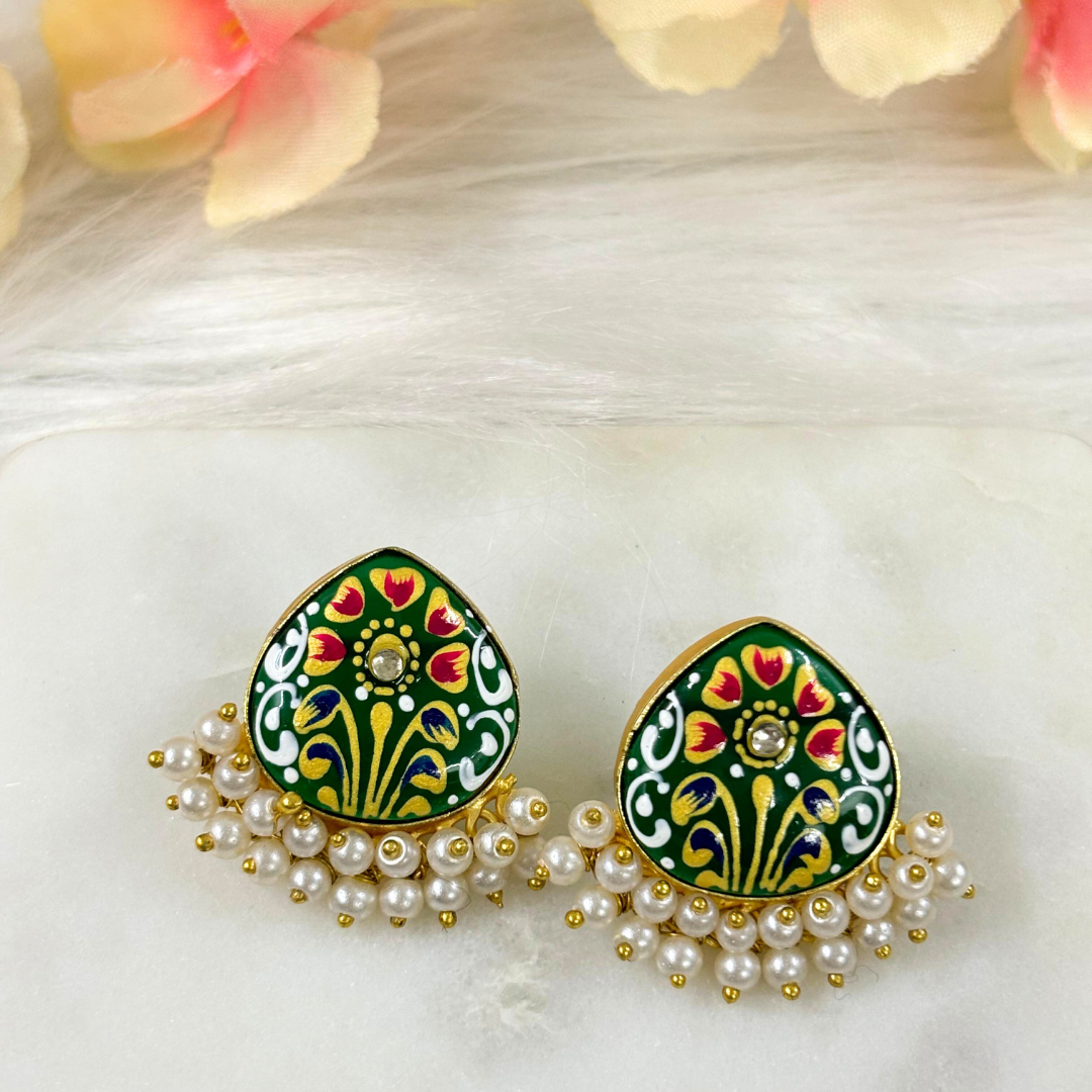 BDiva 18K Gold Plated Green Enamel and Pearl Cluster Earrings with a Tradition Meets Modern Glamour.