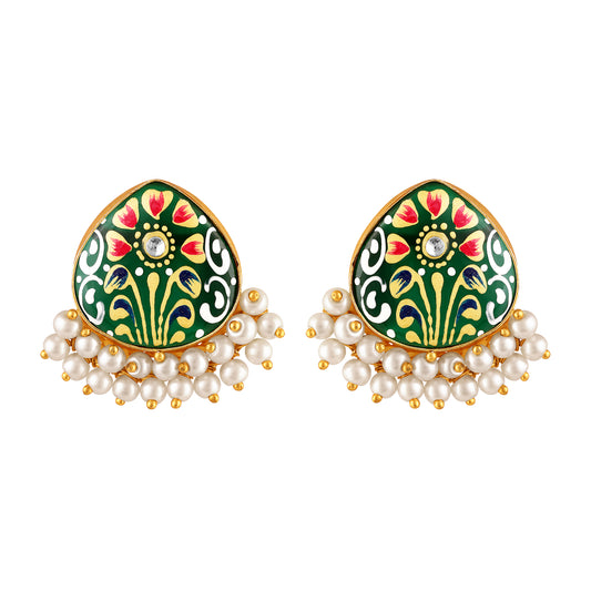 BDiva 18K Gold Plated Green Enamel and Pearl Cluster Earrings with a Tradition Meets Modern Glamour.