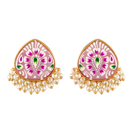 BDiva 18K Gold Plated Pastel Pink Enamel and Pearl Cluster Earrings with a Subtle Touch of Tradition