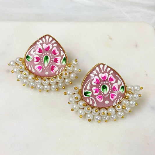 BDiva 18K Gold Plated Pastel Pink Enamel and Pearl Cluster Earrings with a Subtle Touch of Tradition