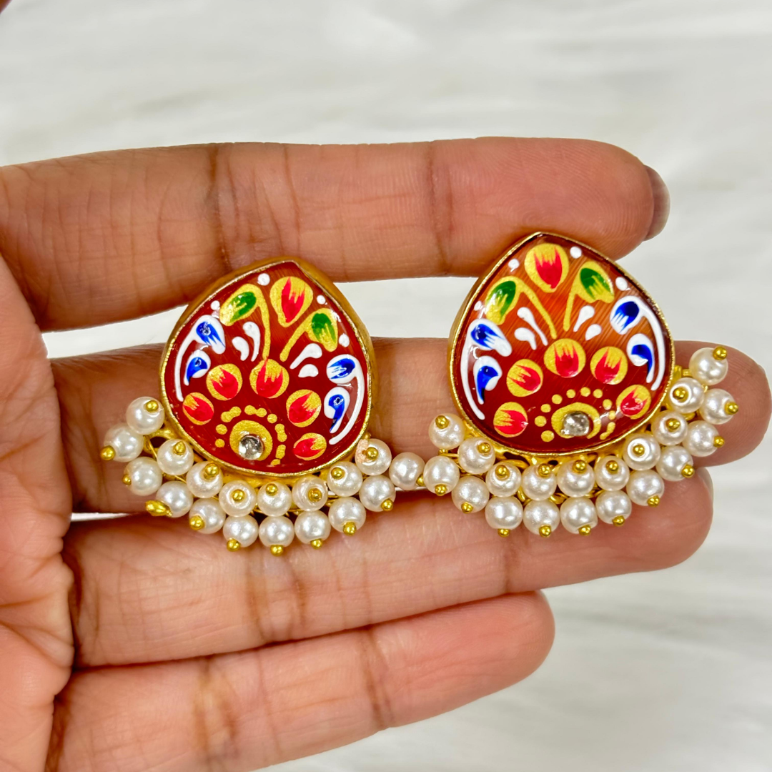 BDiva 18K Gold Plated Orange Enamel and Pearl Cluster Earrings with a Traditional Twist