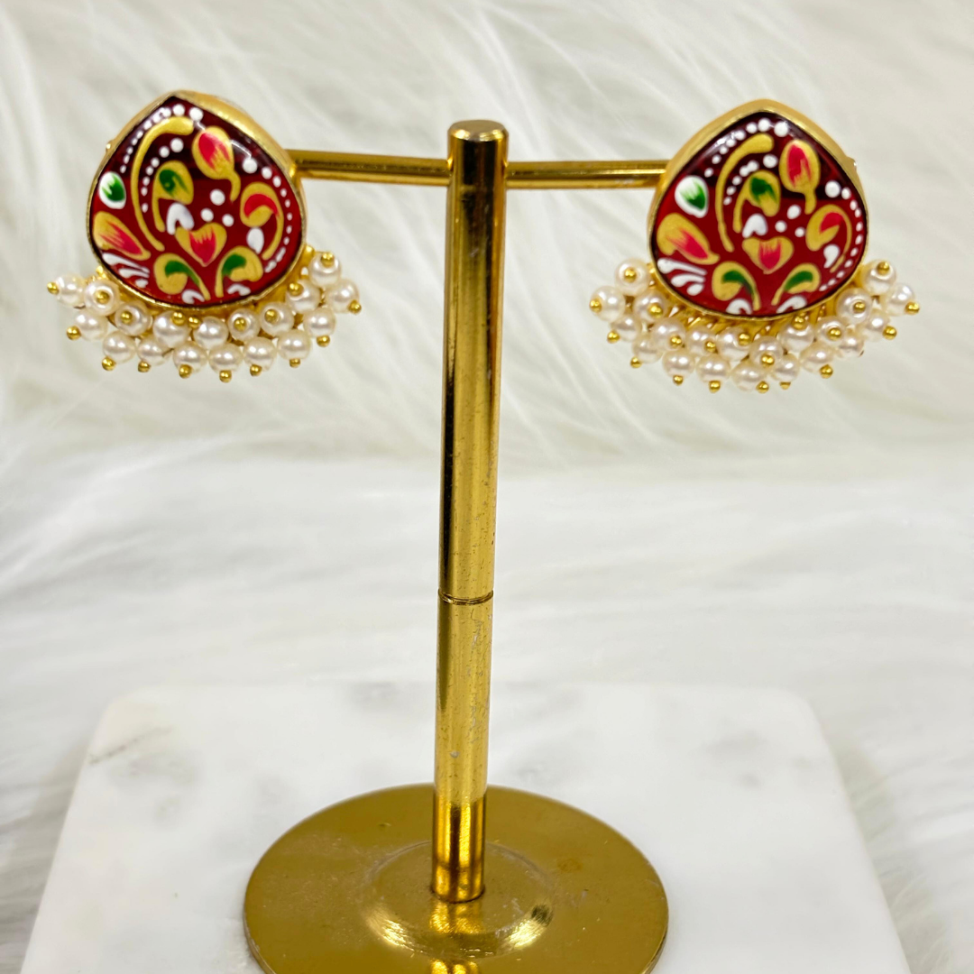 BDiva 18K Gold Plated Orange Enamel and Pearl Cluster Earrings with a Traditional Twist