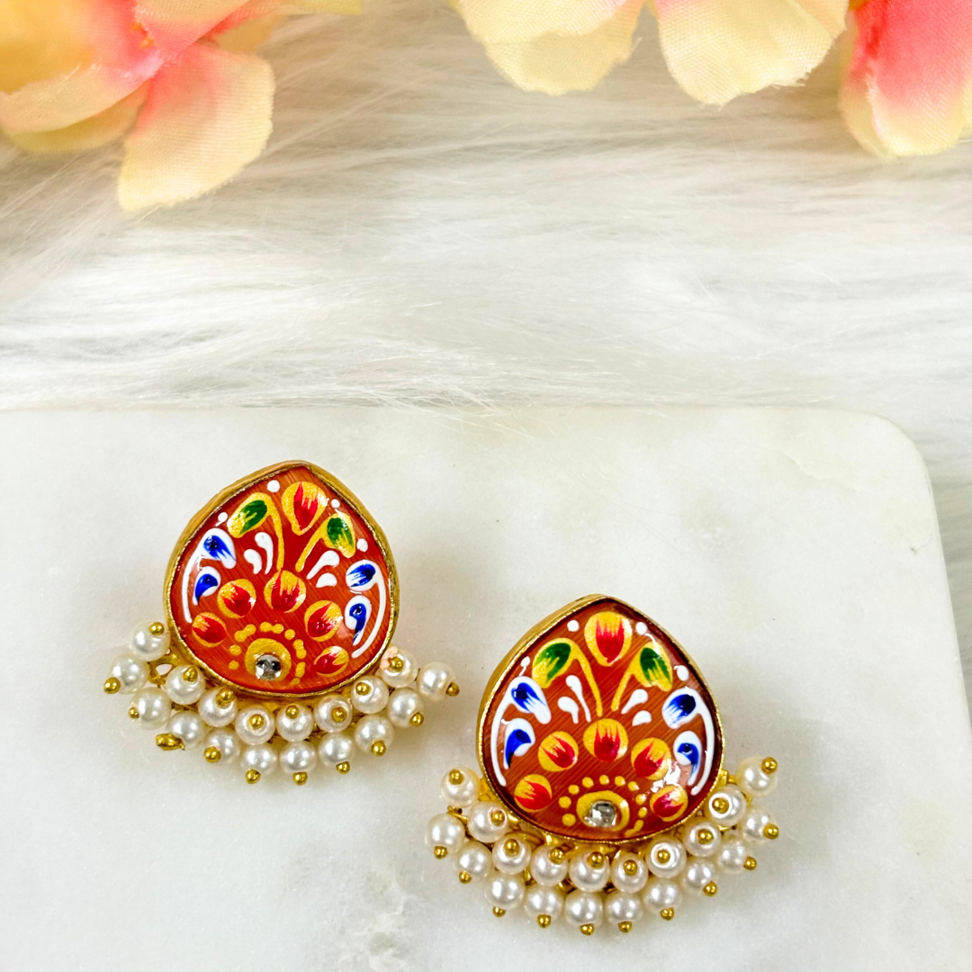 BDiva 18K Gold Plated Orange Enamel and Pearl Cluster Earrings with a Traditional Twist