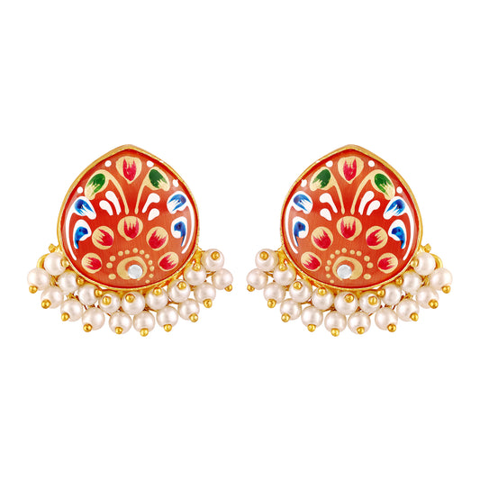 BDiva 18K Gold Plated Orange Enamel and Pearl Cluster Earrings with a Traditional Twist