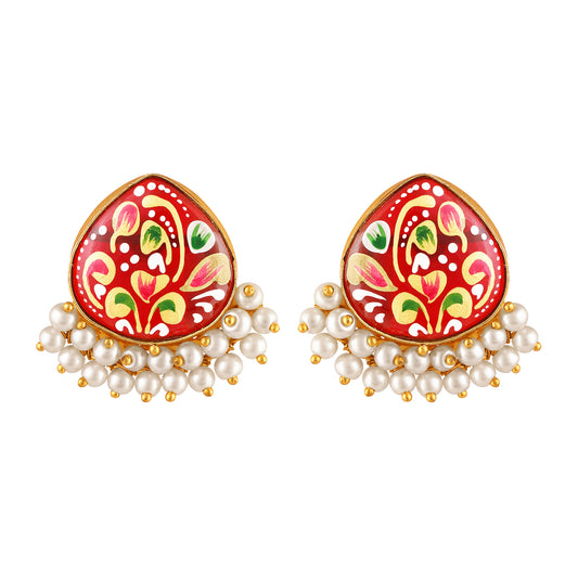 BDiva 18K Gold Plated Red Enamel and Pearl Cluster Earrings with a Bold Tradition