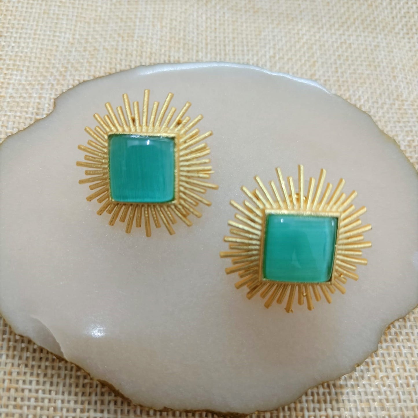 Bdiva 18K Gold Plated Green Jade Stud Earrings.