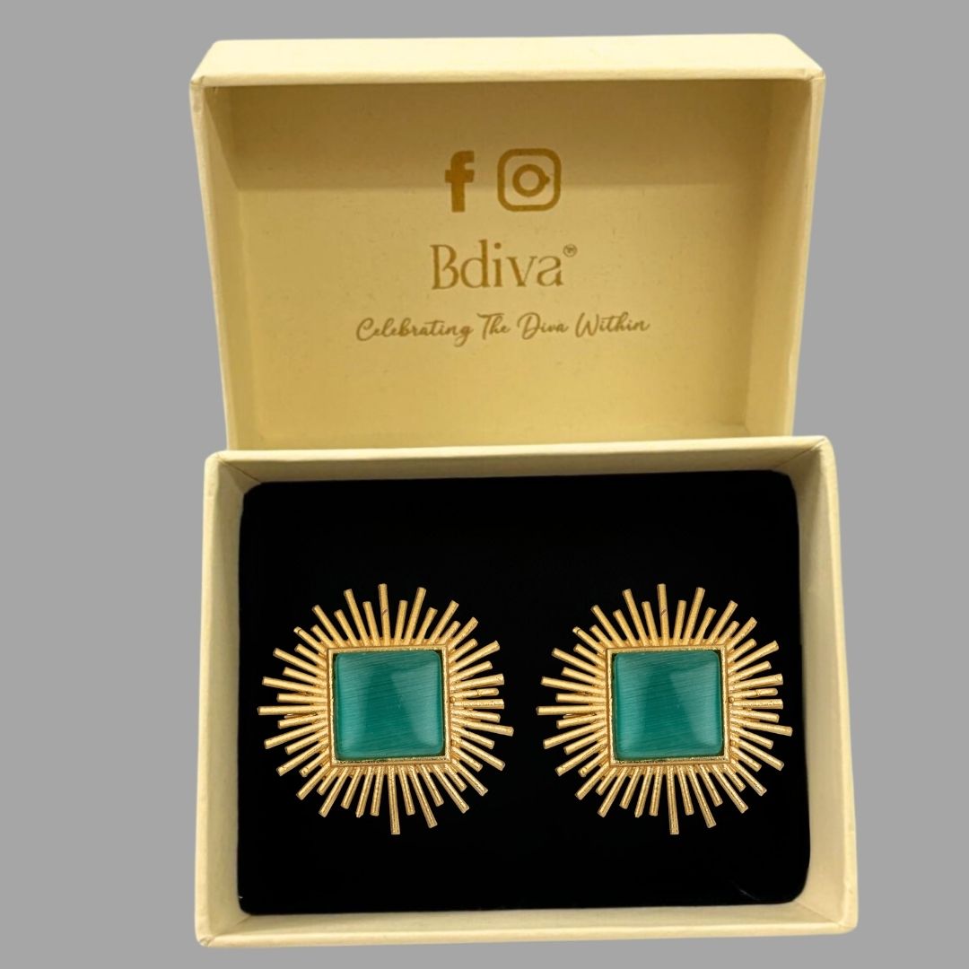 Bdiva 18K Gold Plated Green Jade Stud Earrings.