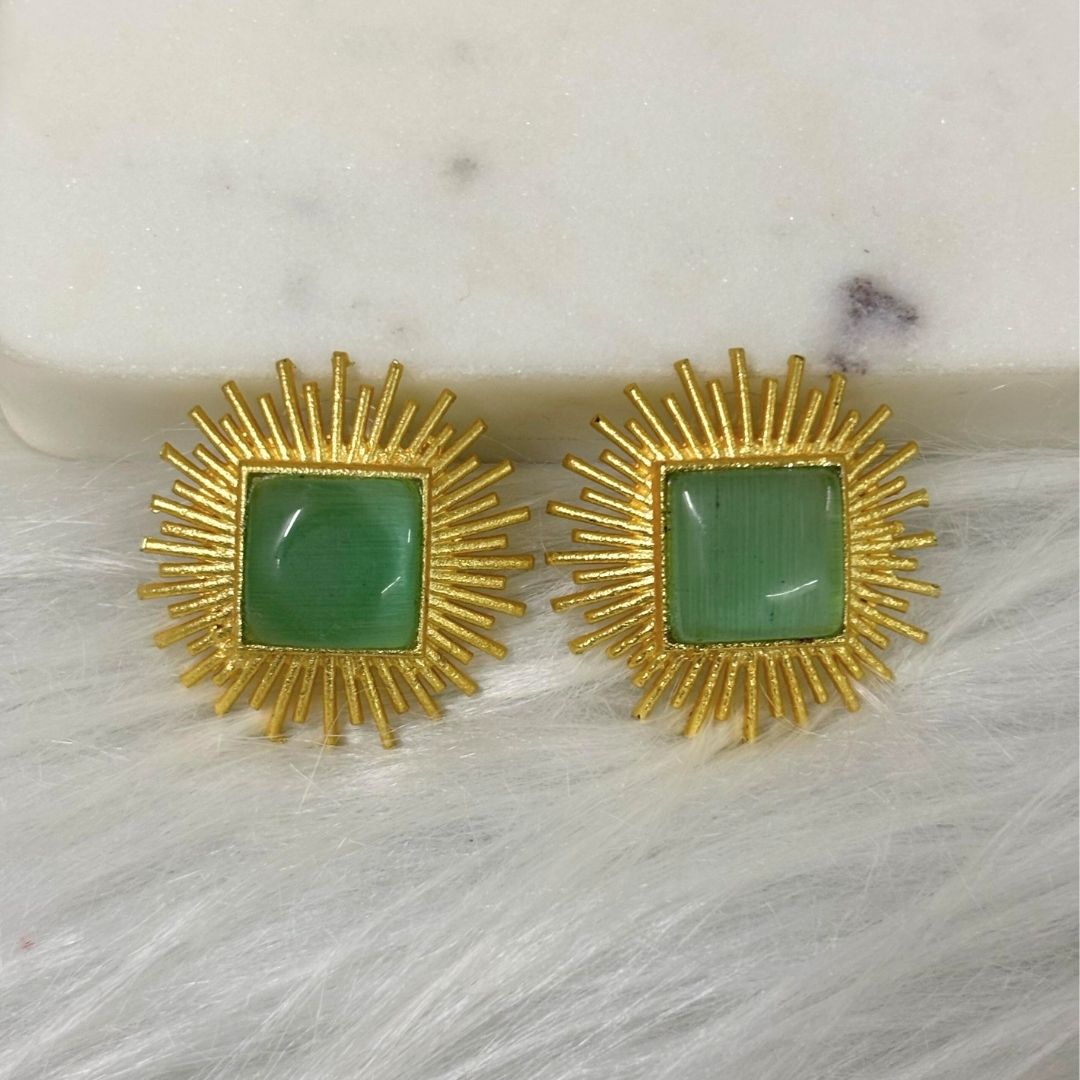 Bdiva 18K Gold Plated Green Jade Stud Earrings.