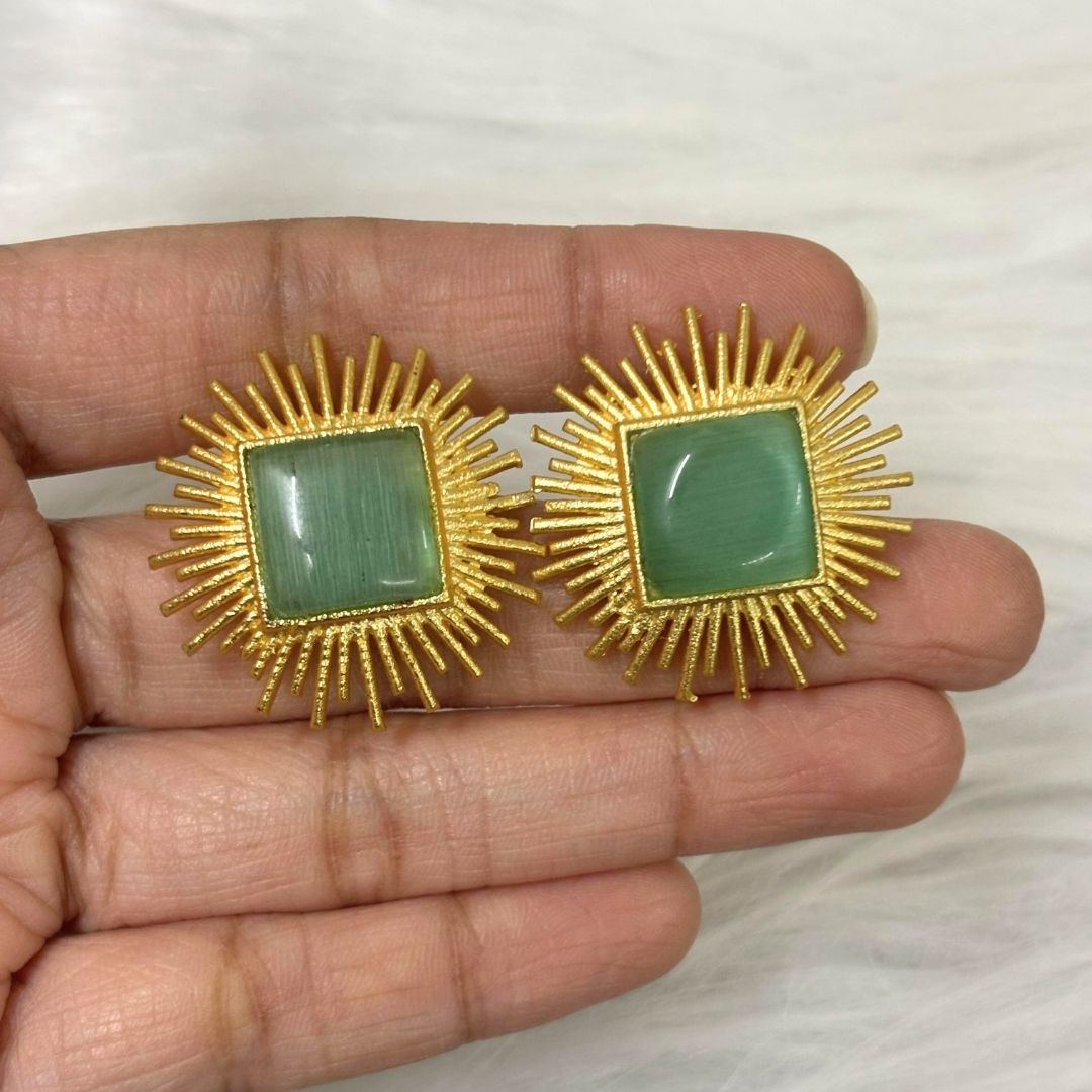 Bdiva 18K Gold Plated Green Jade Stud Earrings.