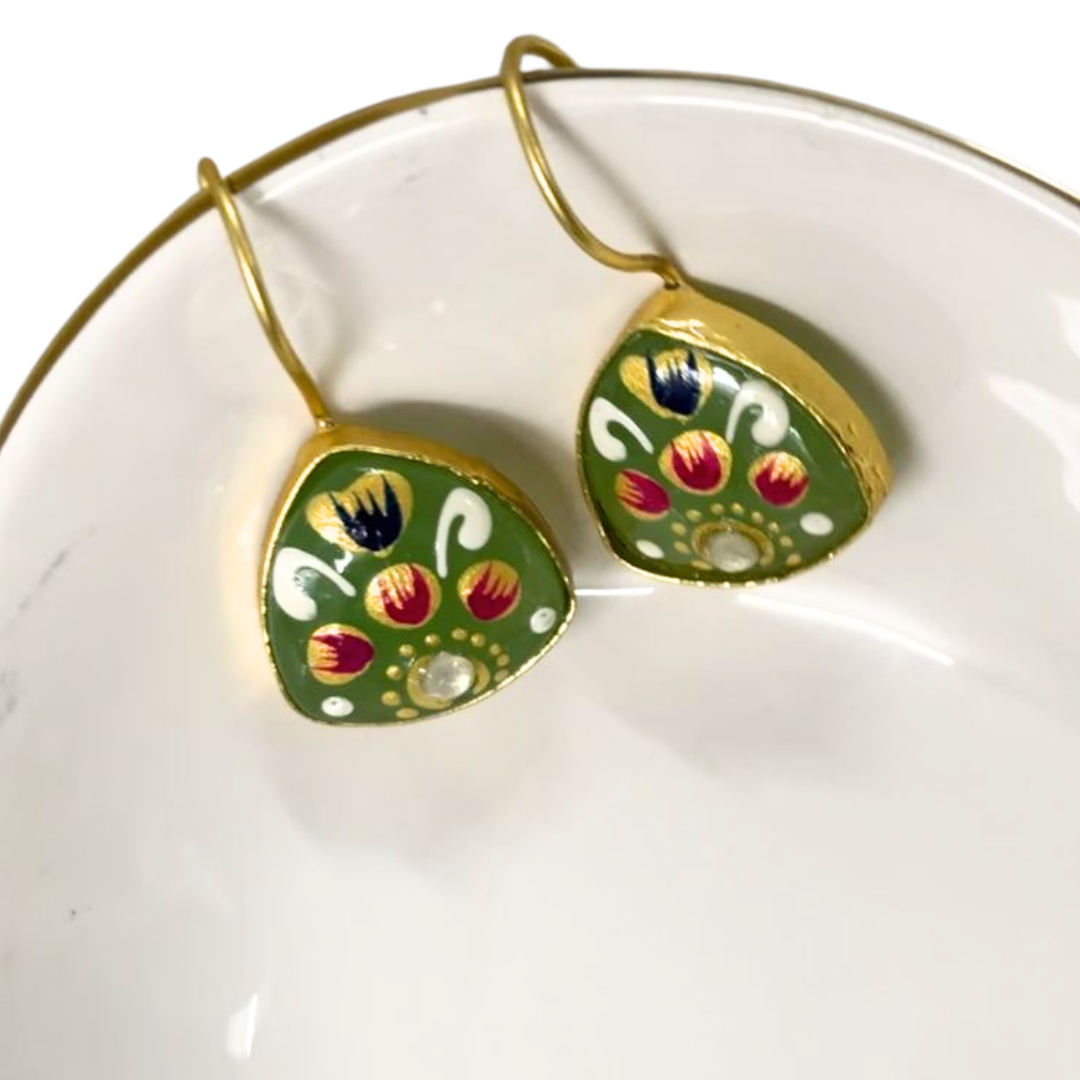 BDiva 18K Gold Plated Green Enamel Drop Earrings with a Splash of Tradition with Modern Grace