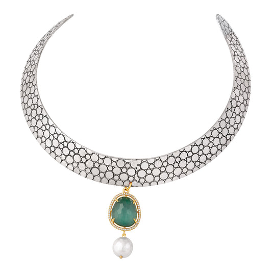 BDiva Elegant Oxidized Choker Necklace with Emerald Green Stone