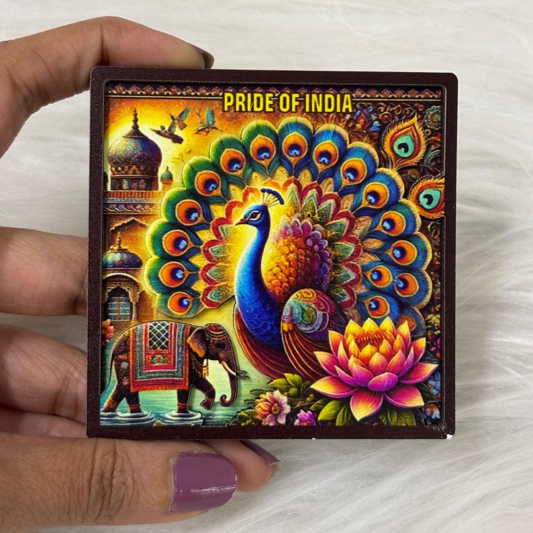 Pride of India - Majestic Multicolor Peacock & Lotus Souvenir Wooden Fridge Magnet