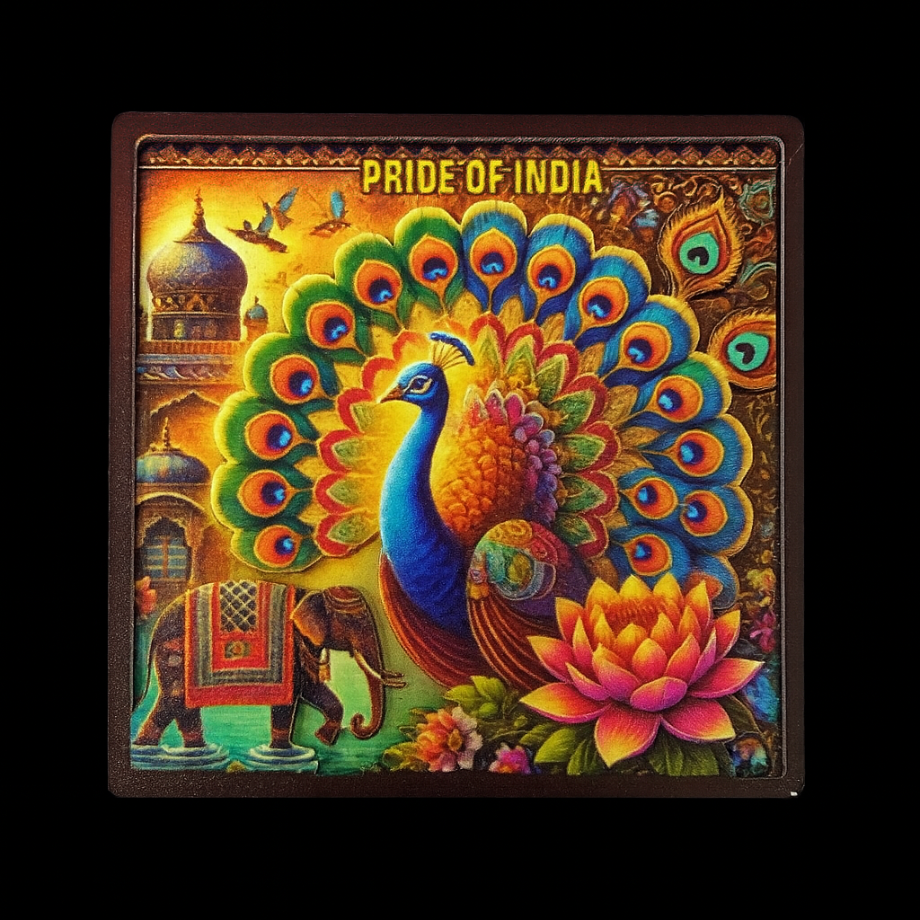 Pride of India - Majestic Multicolor Peacock & Lotus Souvenir Wooden Fridge Magnet