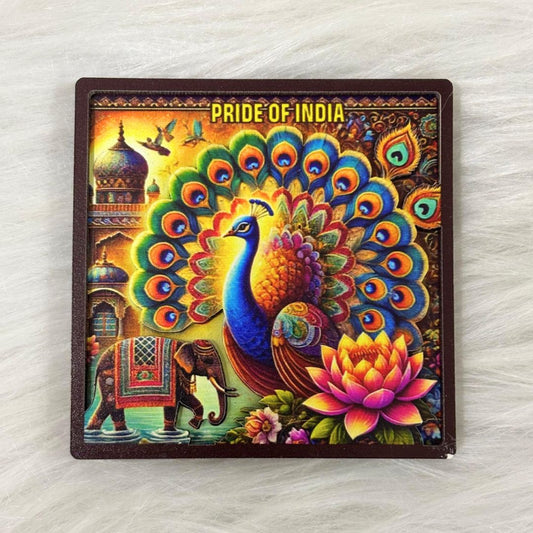 Pride of India - Majestic Multicolor Peacock & Lotus Souvenir Wooden Fridge Magnet