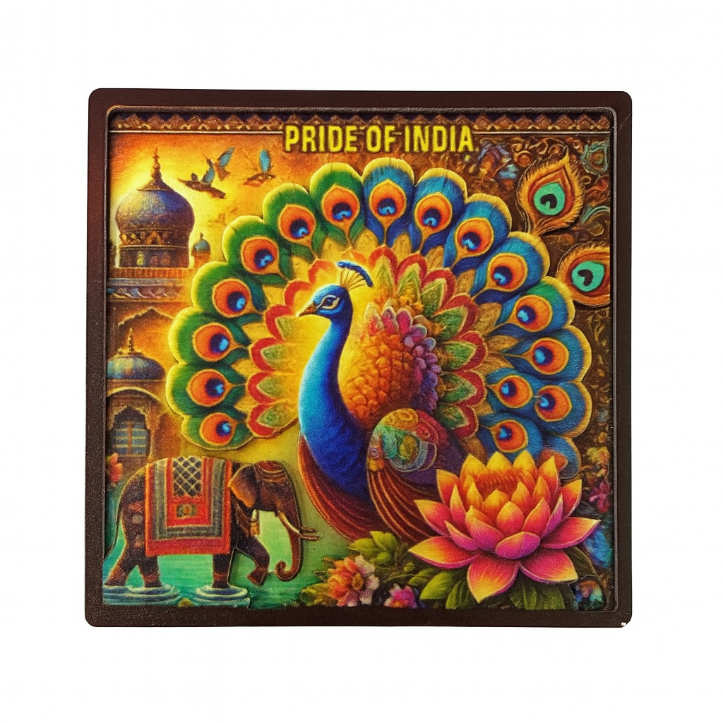 Pride of India - Majestic Multicolor Peacock & Lotus Souvenir Wooden Fridge Magnet