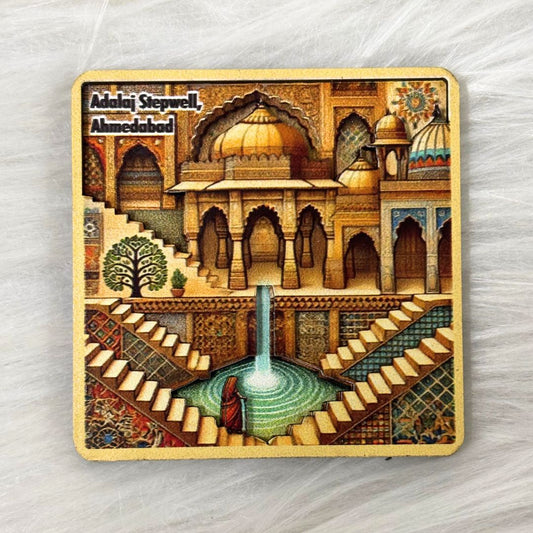 Architectural Marvel of Gujarat: Adalaj Stepwell Souvenir Wooden Fridge Magnet