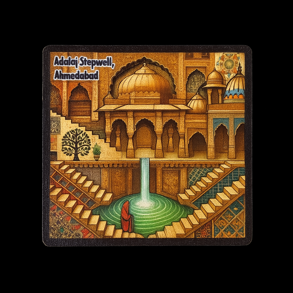 Architectural Marvel of Gujarat: Adalaj Stepwell Souvenir Wooden Fridge Magnet