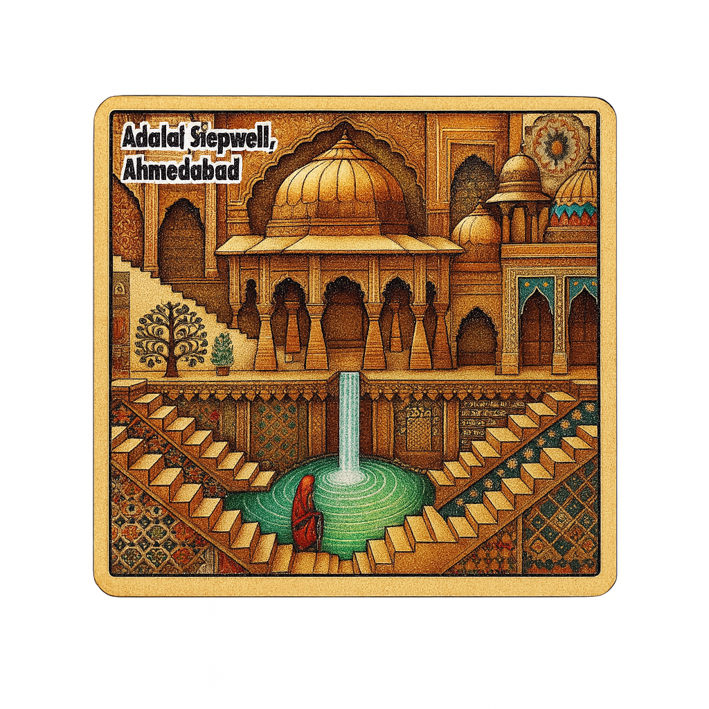 Architectural Marvel of Gujarat: Adalaj Stepwell Souvenir Wooden Fridge Magnet