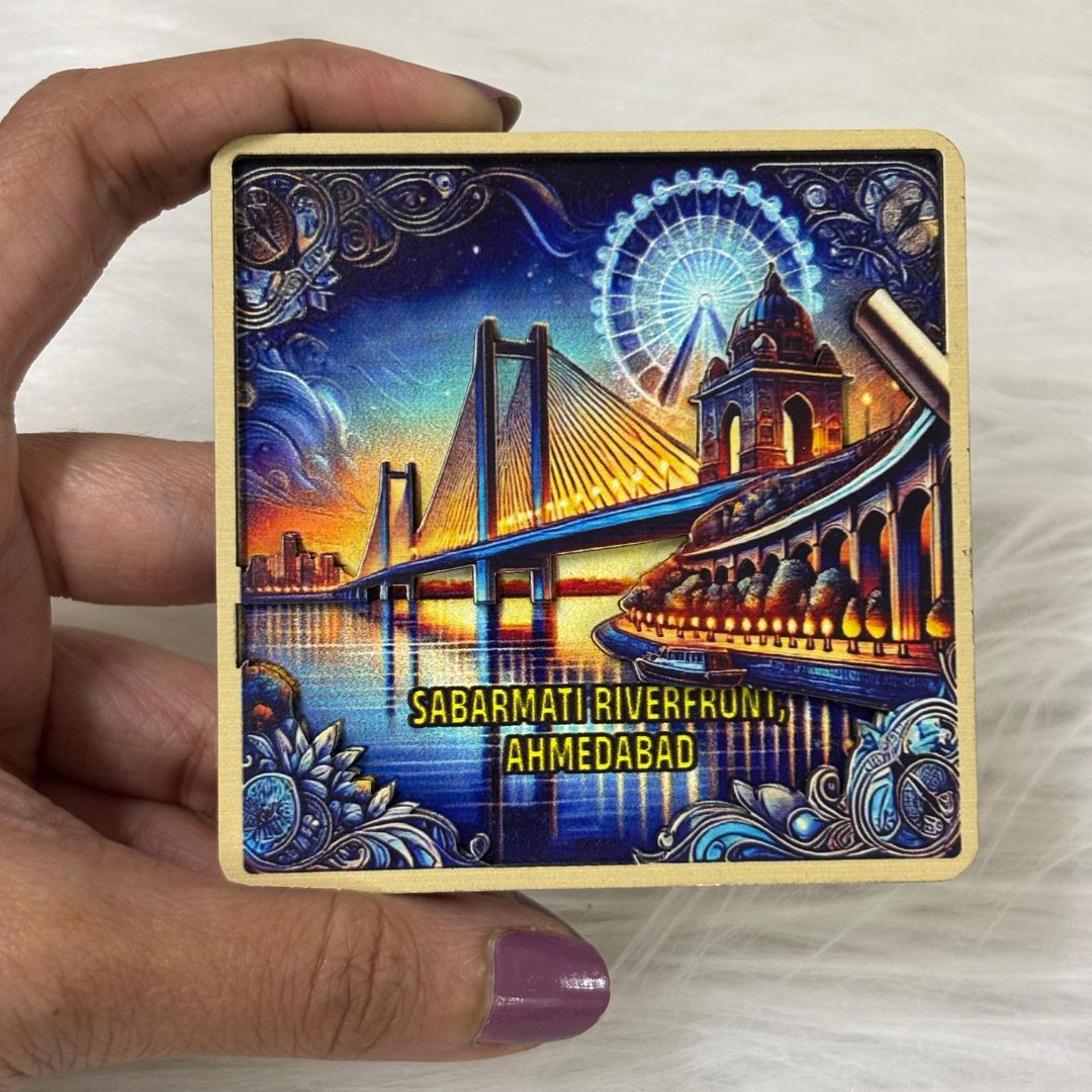 Sabarmati Splendor: Ahmedabad’s Riverfront Reverie – Souvenir Wooden Fridge Magnet