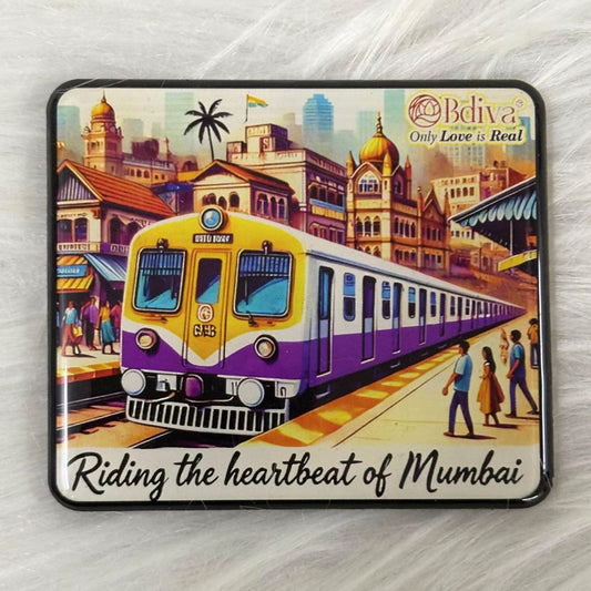 The Beating Heart of Mumbai: The Iconic Local Train – Souvenir Wooden Fridge Magnet