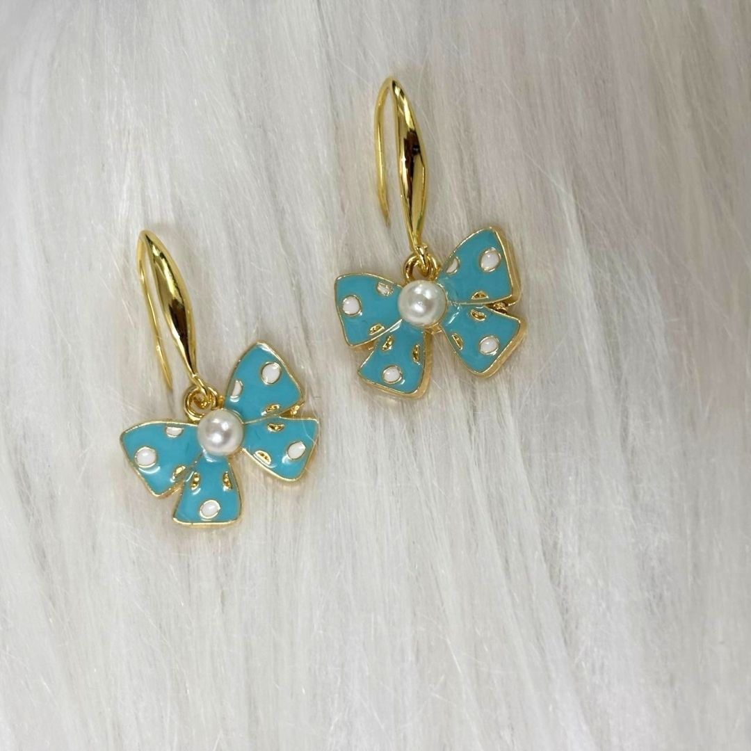 Light Blue Bow Pearl Earrings