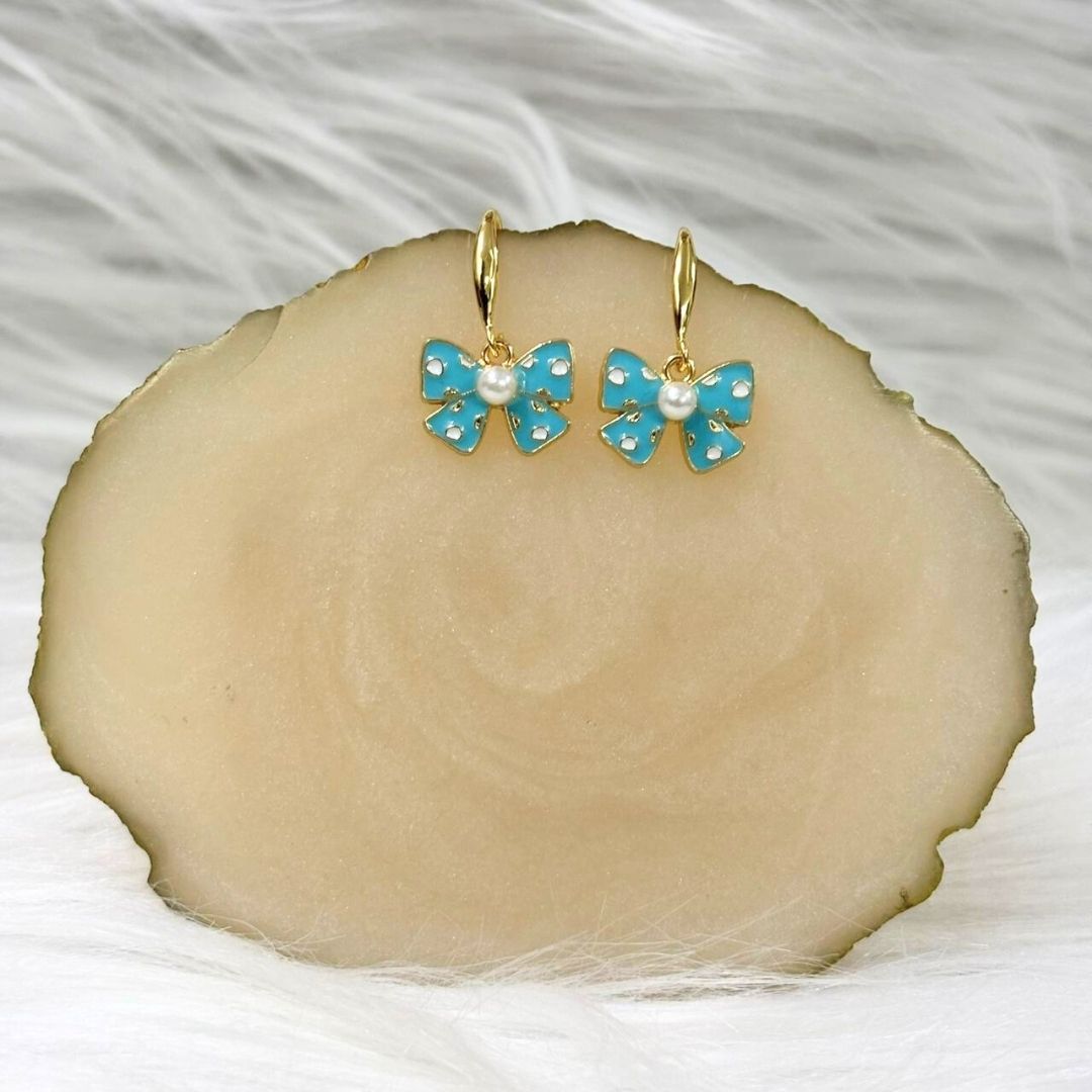 Light Blue Bow Pearl Earrings