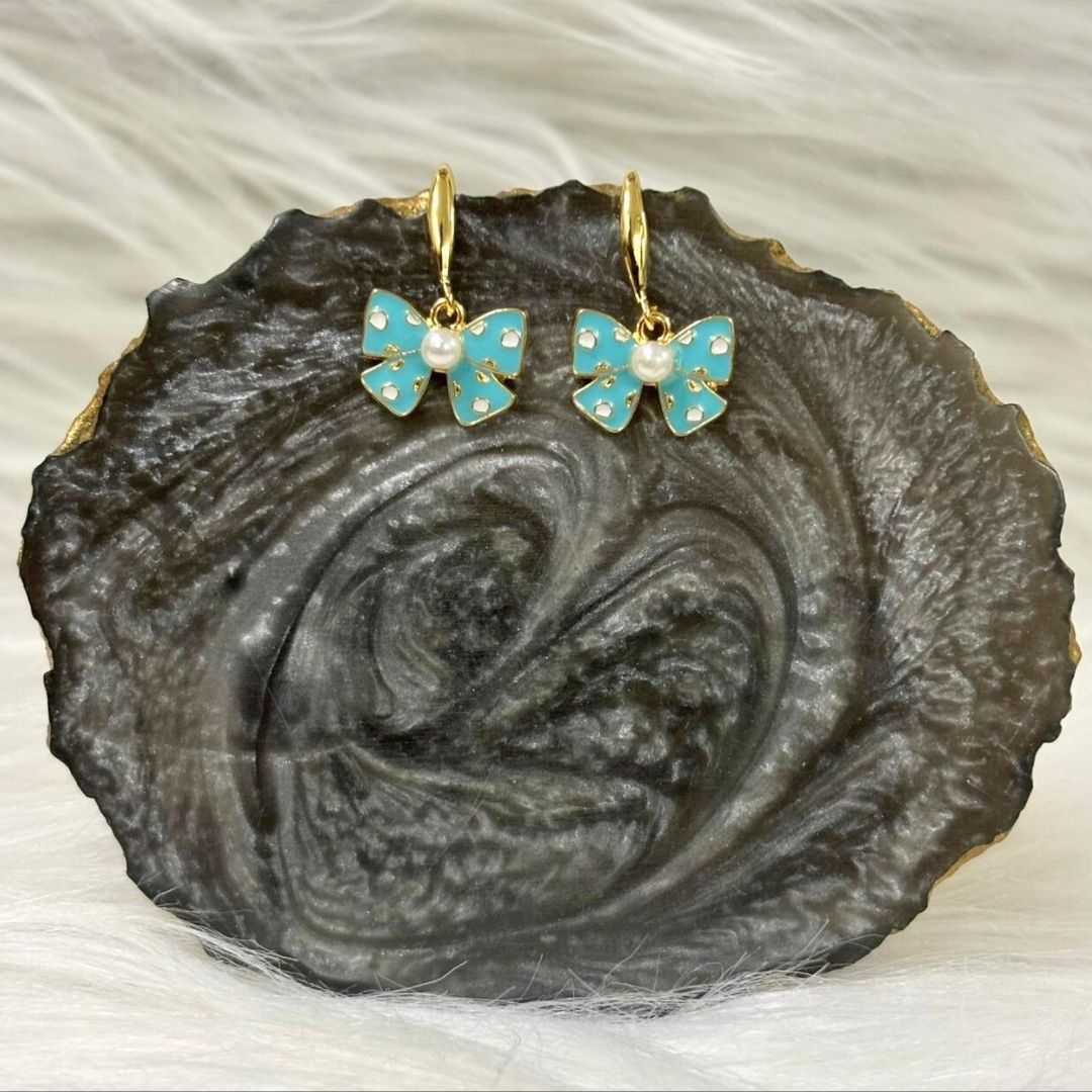 Light Blue Bow Pearl Earrings