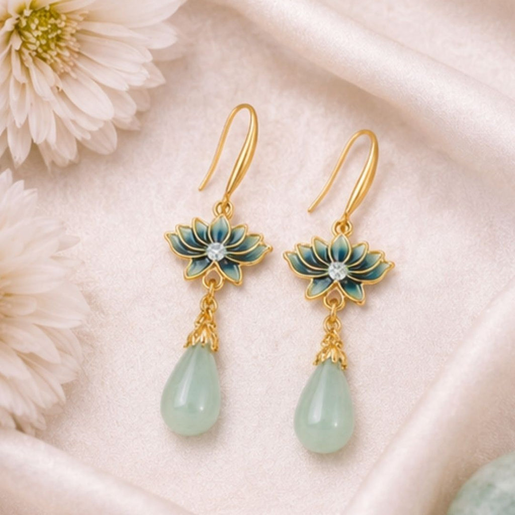 Gold Plated Lotus Pearl Drop Earrings